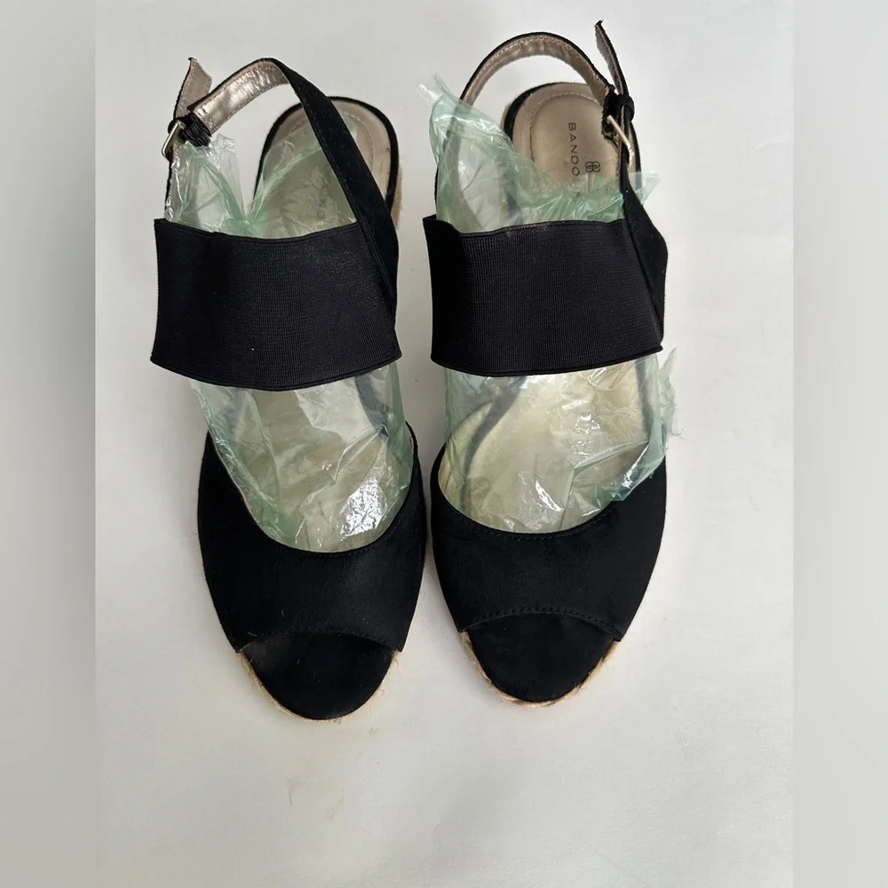 Bandolino Shoes Espadrilles Wedge Black Comfort Ankle Strap Peep Toe Size 8.5 - Picture 2 of 6